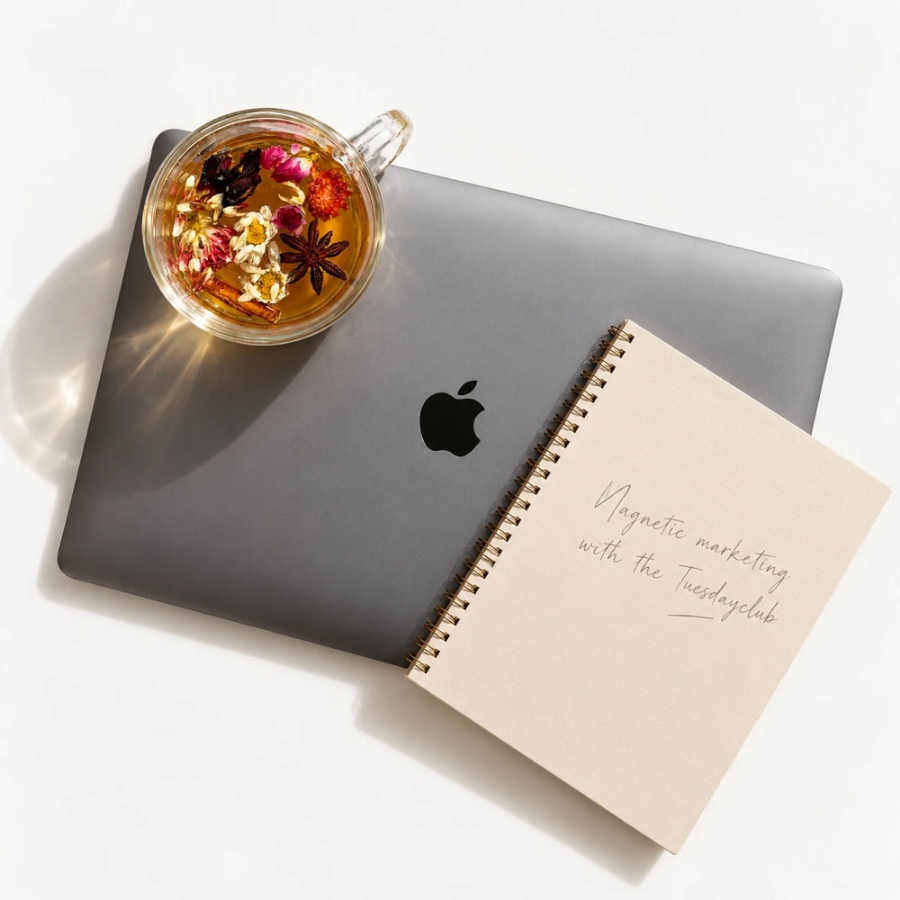 Laptop, a cup of flower tea and a notebook that says Magnetic marketing with the Tuesday Club